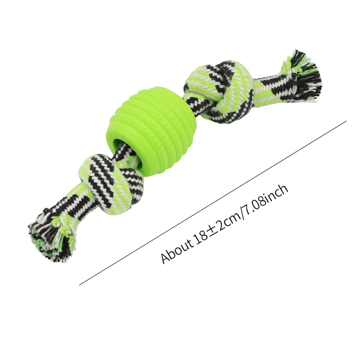 Close up of dog chew rope toy with textured teething ball, promoting dog dental care