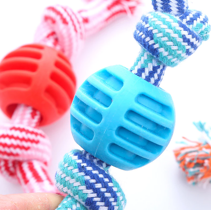 Interactive dog chew rope with a built-in teething ball for extended pet playtime