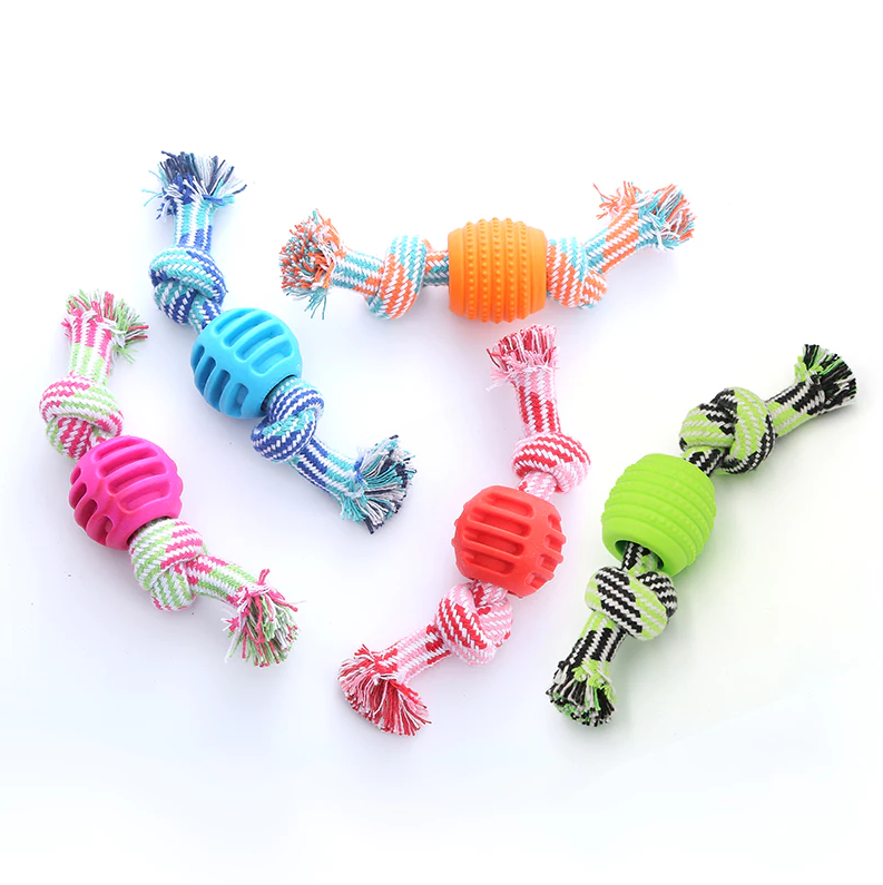Dog dental care chew rope with red textured teething ball, a durable pet toy