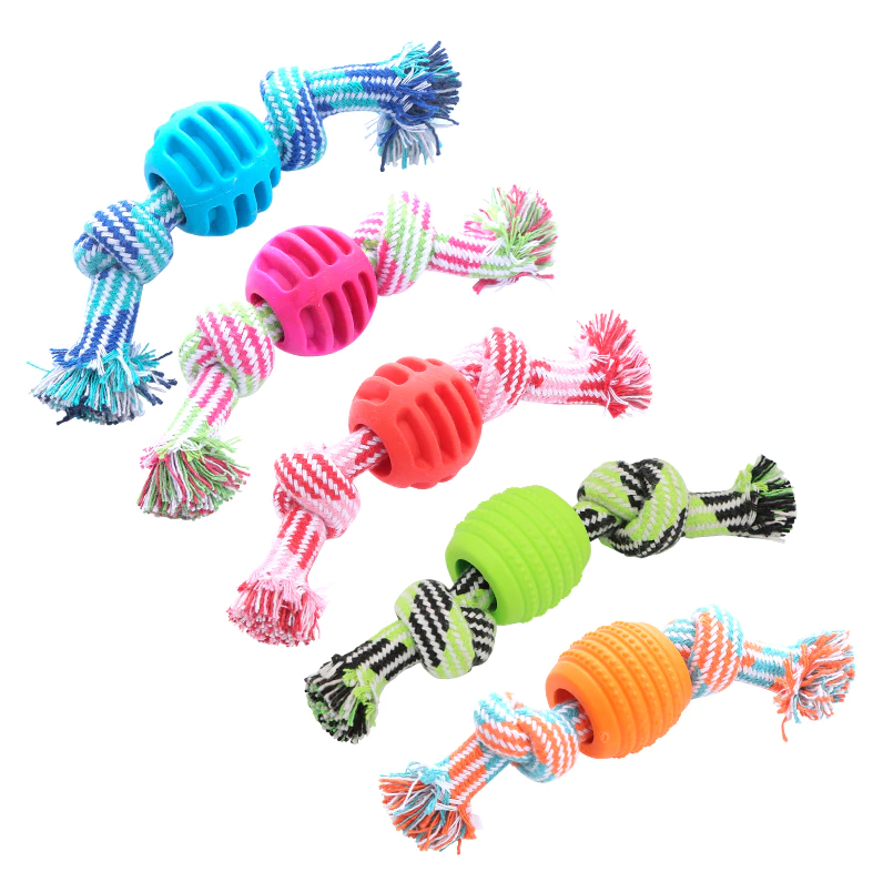 Robust chew rope and teething ball dog toy designed for promoting healthy canine teeth