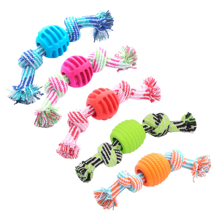 Robust chew rope and teething ball dog toy designed for promoting healthy canine teeth