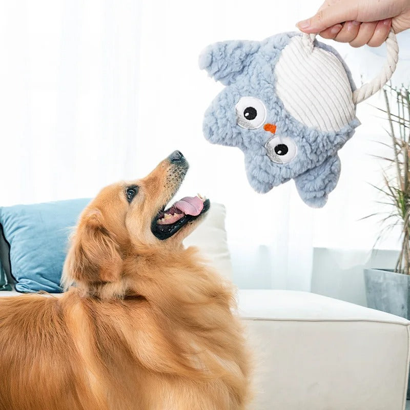 Interactive pet supplies: animal-shaped dog toy in grey, designed for aggressive chewers, non-toxic fleece fabric.