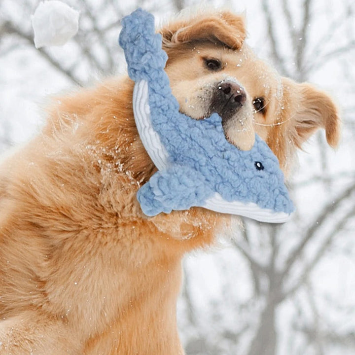 Bite-resistant dog toy for large dogs, shaped like a purple animal, a durable and safe chewable option.