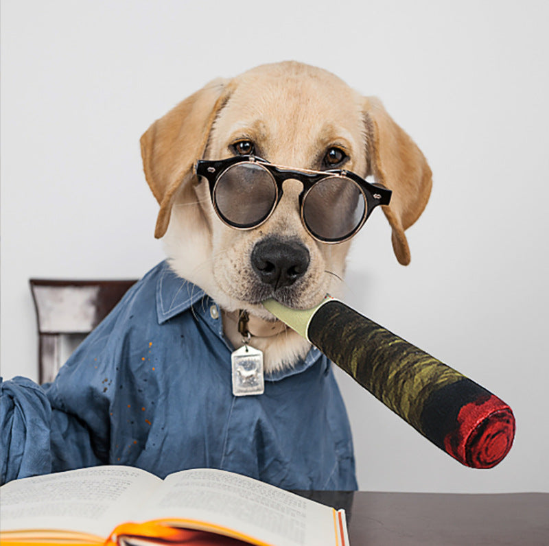 Durable dog chew toy shaped like a cigar, designed for teeth cleaning and long-lasting play for pets.