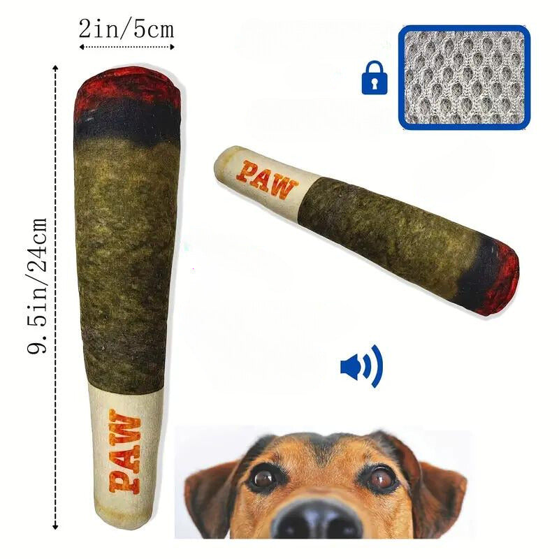 Red molded cigar dog toy, a sturdy and safe pet accessory for chewing, promoting dental health.