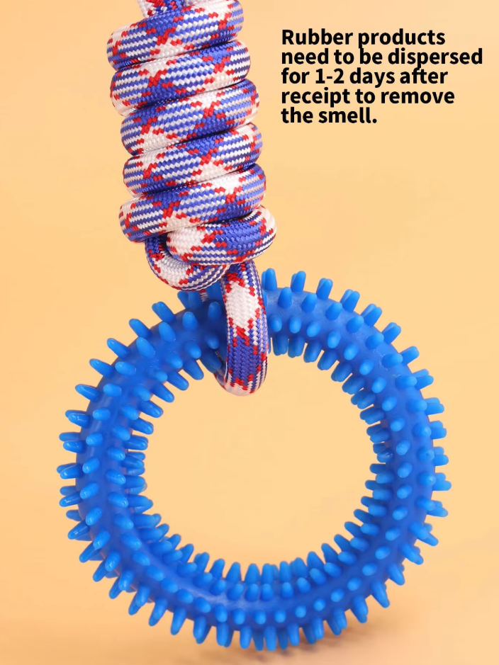 Durable dog chew toy with blue teething ring and yellow tug rope for interactive play