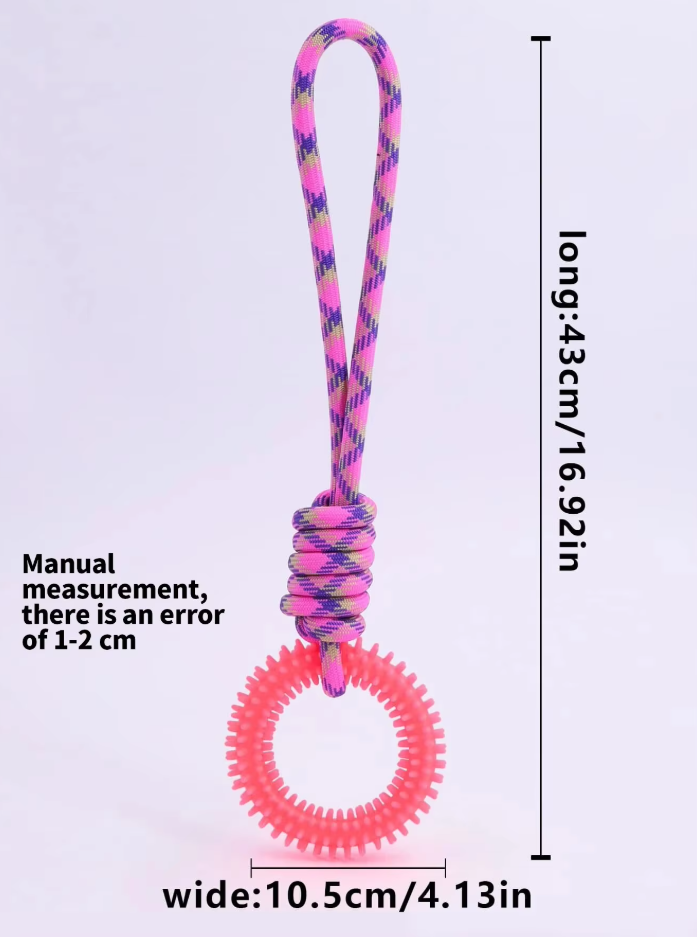 Dog dental health toy: blue teething ring and yellow rope on a robust chew toy
