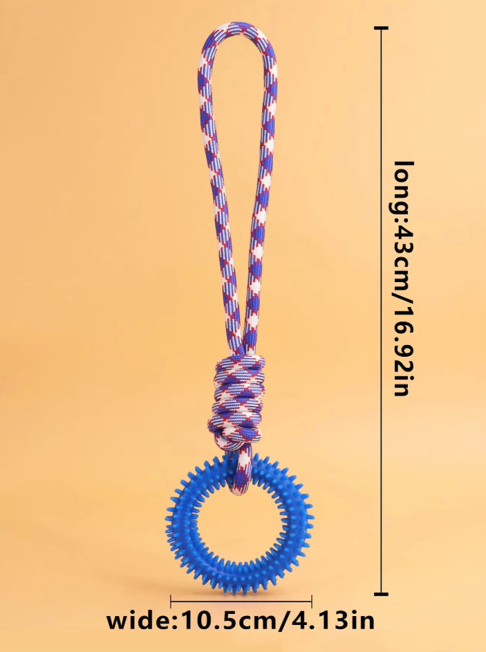 Yellow tug rope integrated into a robust dog chew toy, ideal for interactive play
