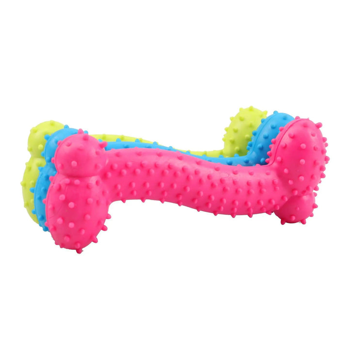 Brightly colored pet supplies: a dog dental health chew toy