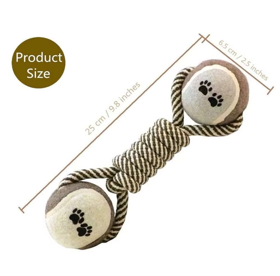 Close-up of a dog rope chew toy with a textured blue paw print ball, ideal for pet dental care & engagement.