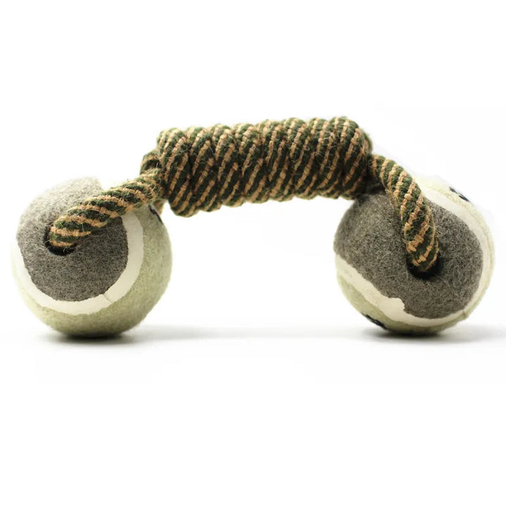 Collection of colorful dog rope chew toys, each with a unique paw print ball, suitable for various dog breeds.