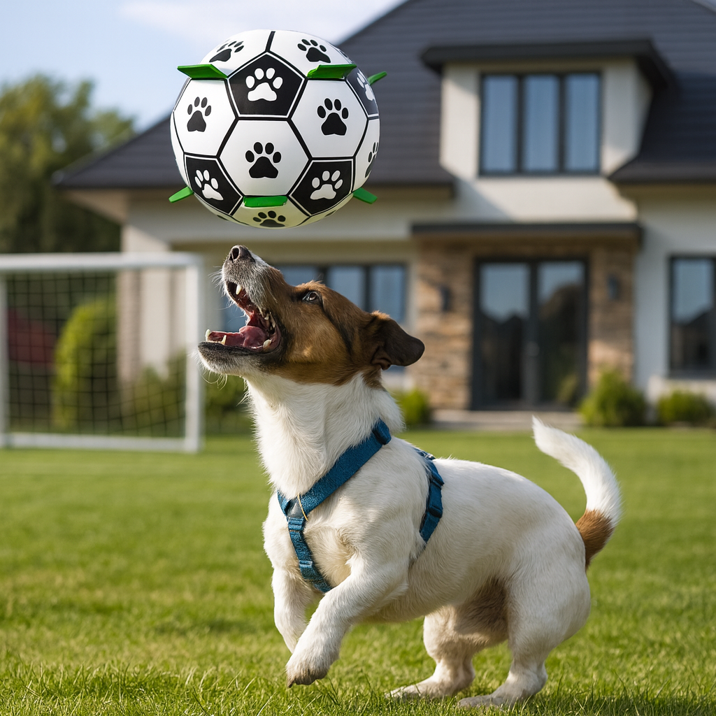 Durable dog soccer ball with grip tabs, perfect for interactive fetch and outdoor puppy play