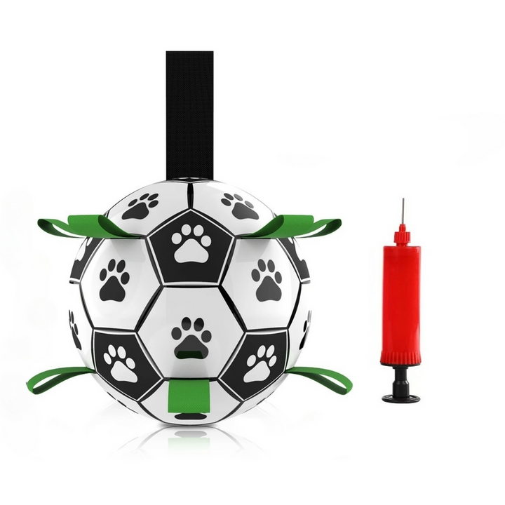 Unisex dog soccer ball toy with easy grip tabs and pump for training and active pets
