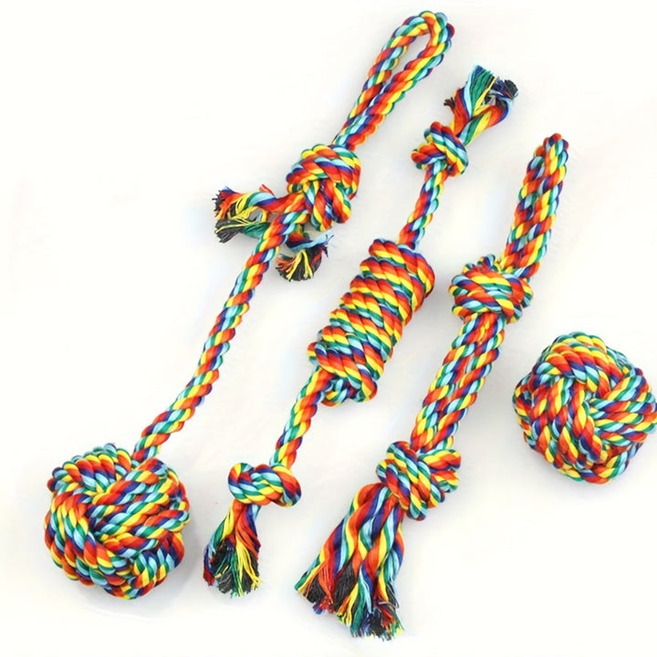 Durable dog toy set with red rope and blue chew ball for interactive play.