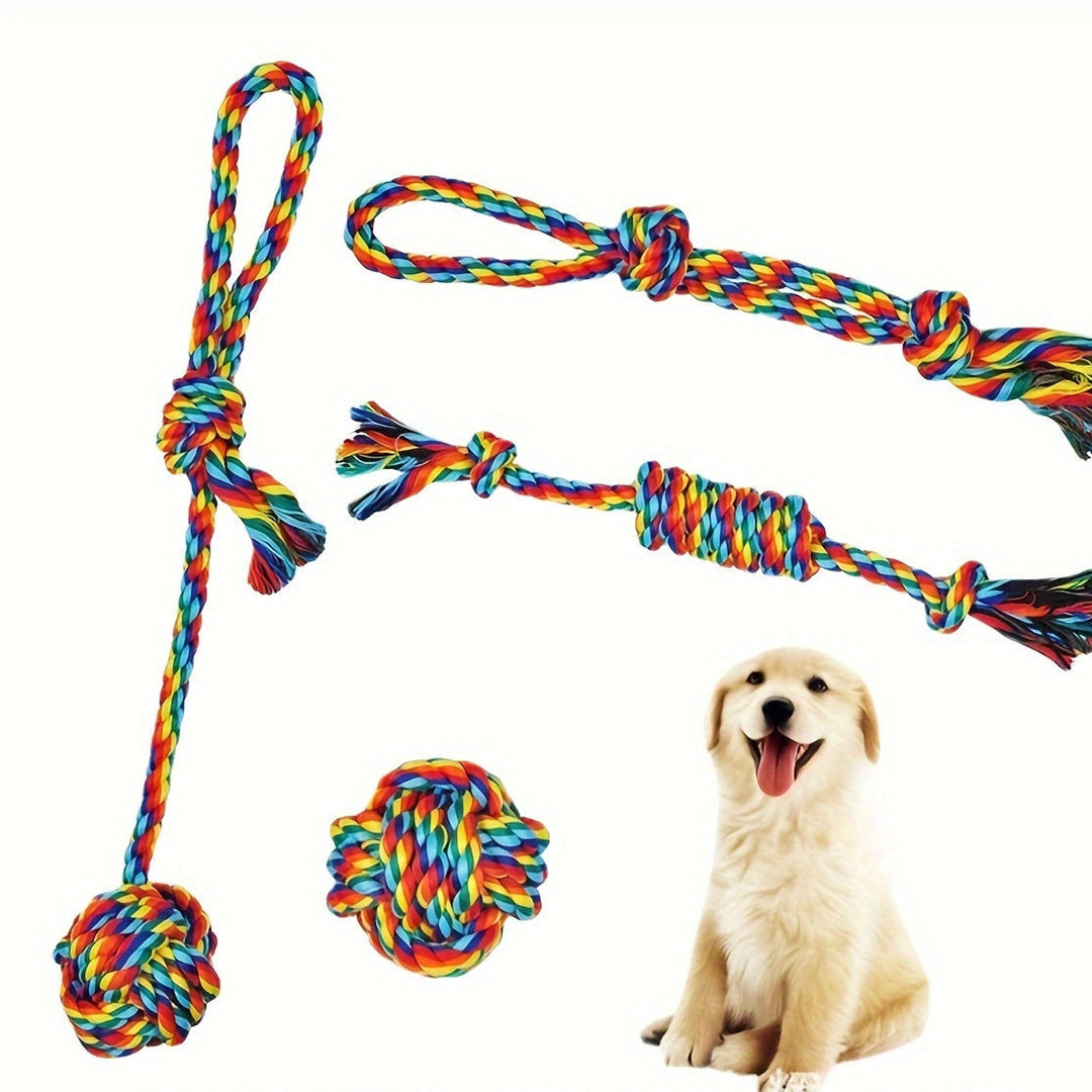 Interactive dog toy assortment featuring robust rope and two colorful rubber balls.