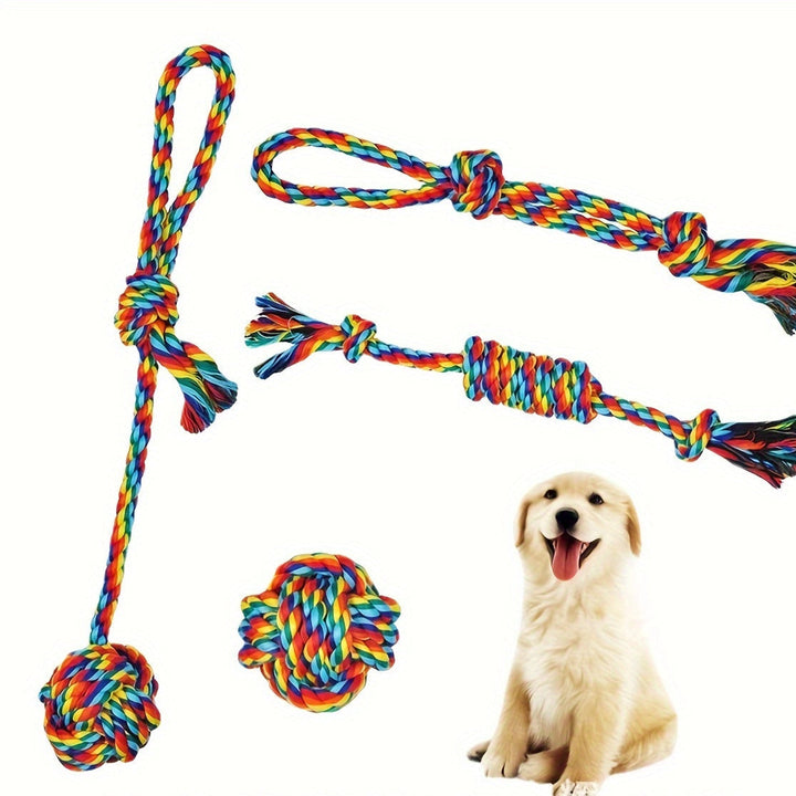 Interactive dog toy assortment featuring robust rope and two colorful rubber balls.