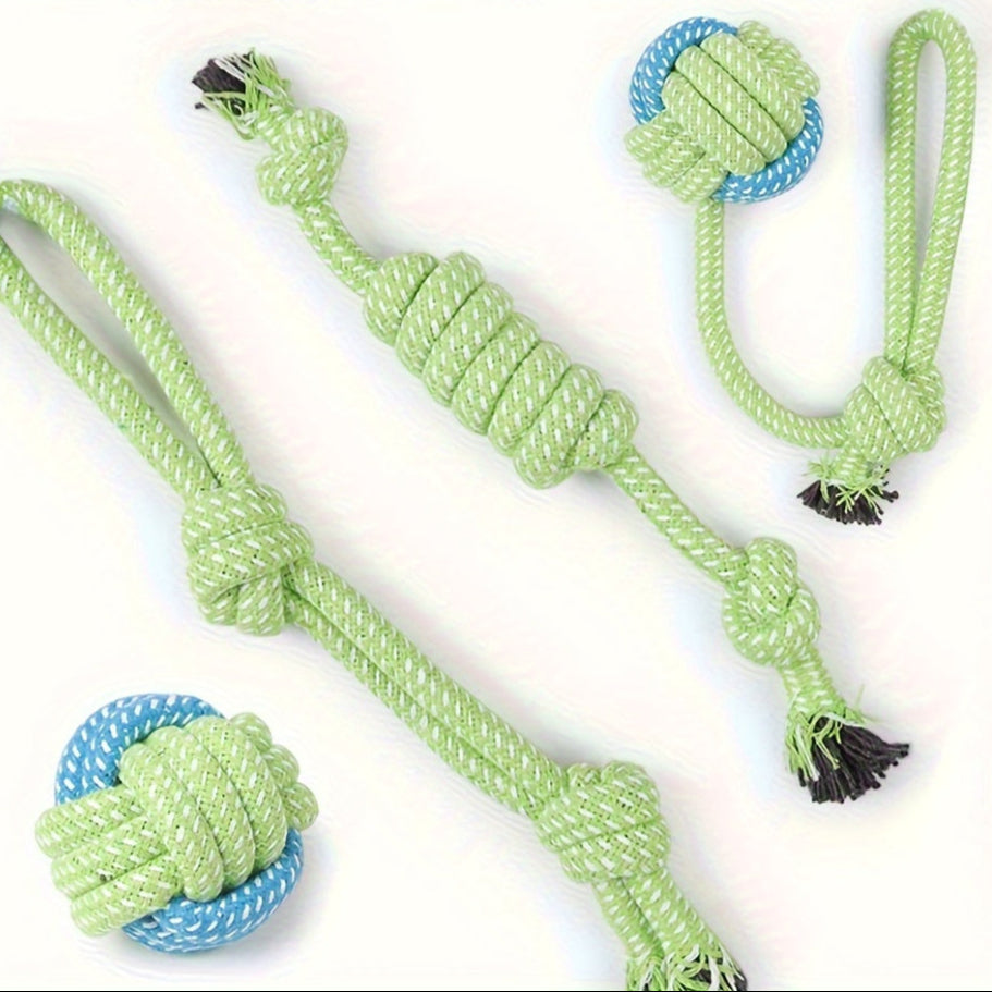 Animal accessories: tough dog chew toys, rope and ball set for hours of fun.