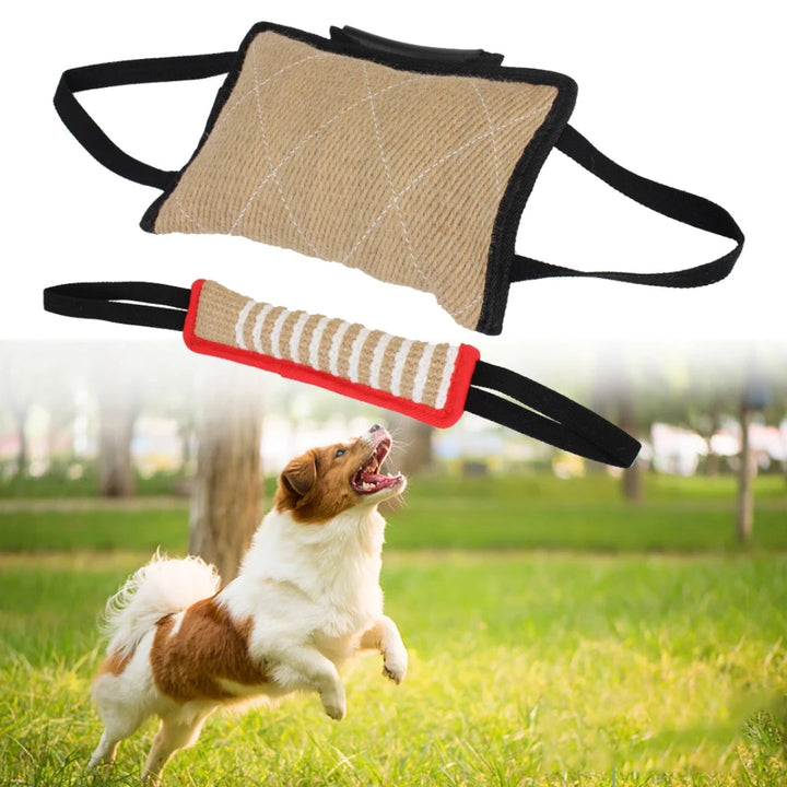 Pet supplies: tough dog training bite pillow with handles, chew toy for interactive puppy training.