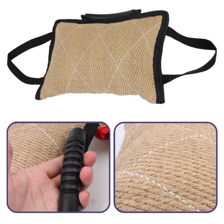 Dog training aid: durable bite cushion with sturdy rope handles for Schutzhund and K9 training.