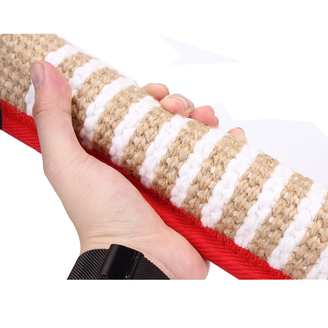Heavy-duty dog training bite work cushion with secure rope handles, essential pet training equipment.