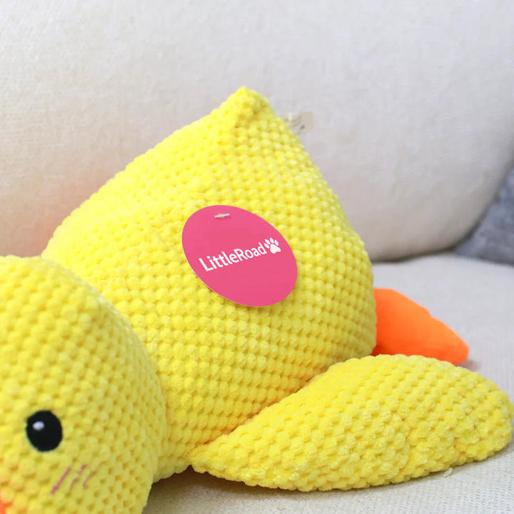 Dog enrichment: a durable duck toy providing comfort and chew satisfaction for dogs.