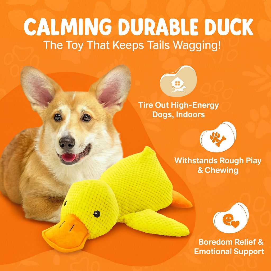 Side view of the durable duck dog chew toy, designed for interactive play and calming effect.