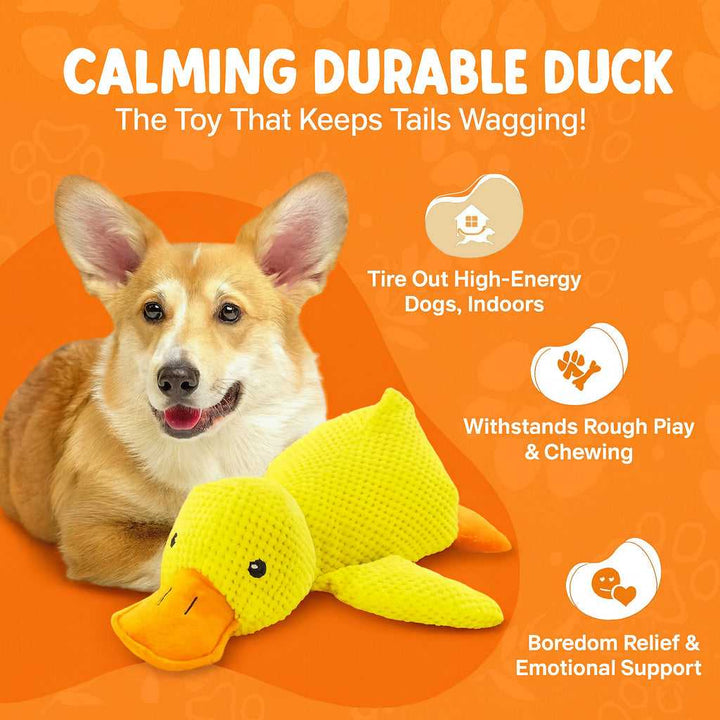 Side view of the durable duck dog chew toy, designed for interactive play and calming effect.