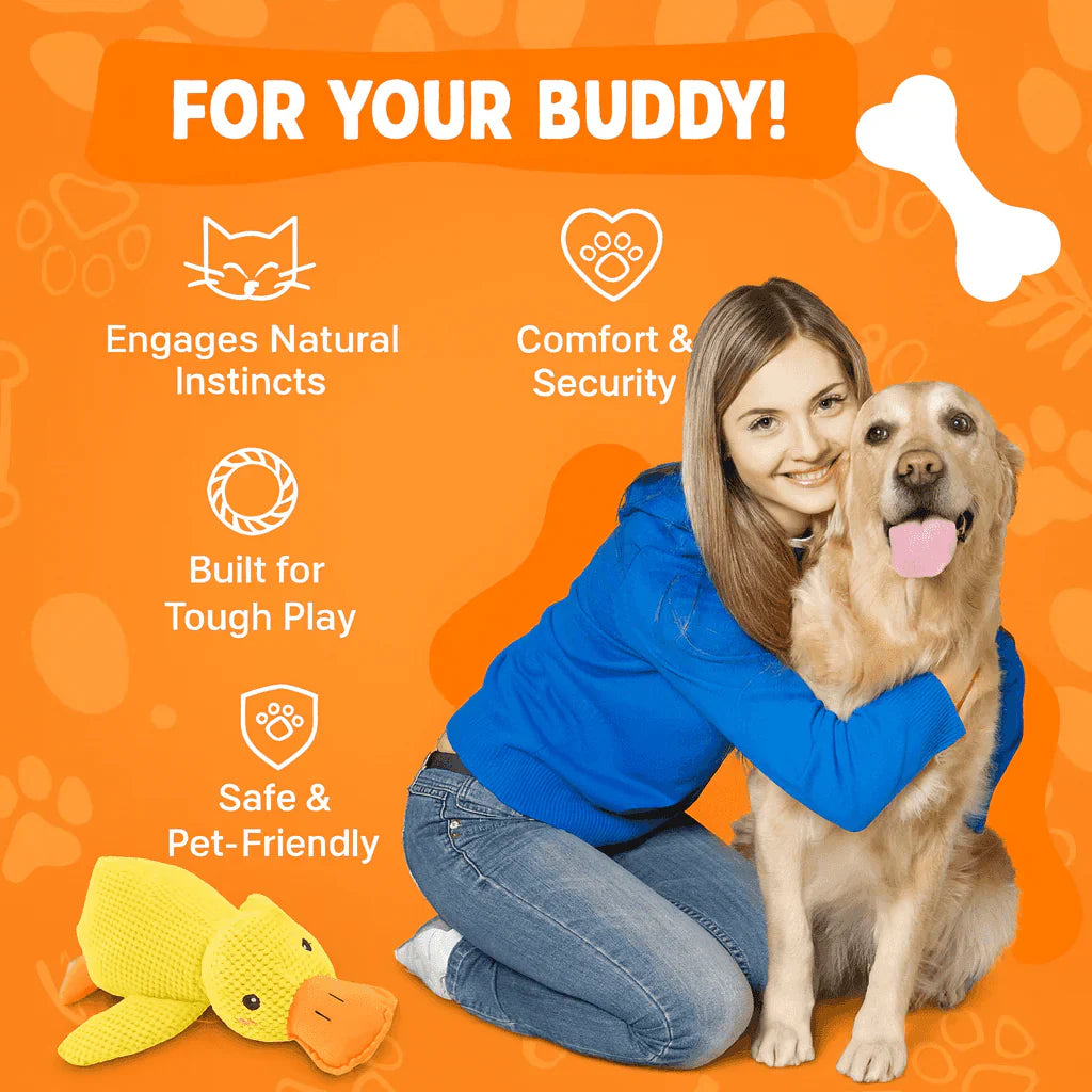 Soft, yet durable duck dog chew toy, machine washable for easy cleaning after play.