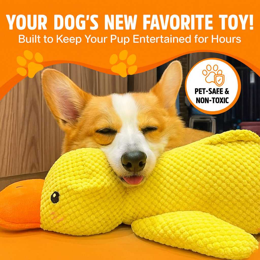 A happy dog playing with the calming, durable duck chew toy, promoting enrichment.