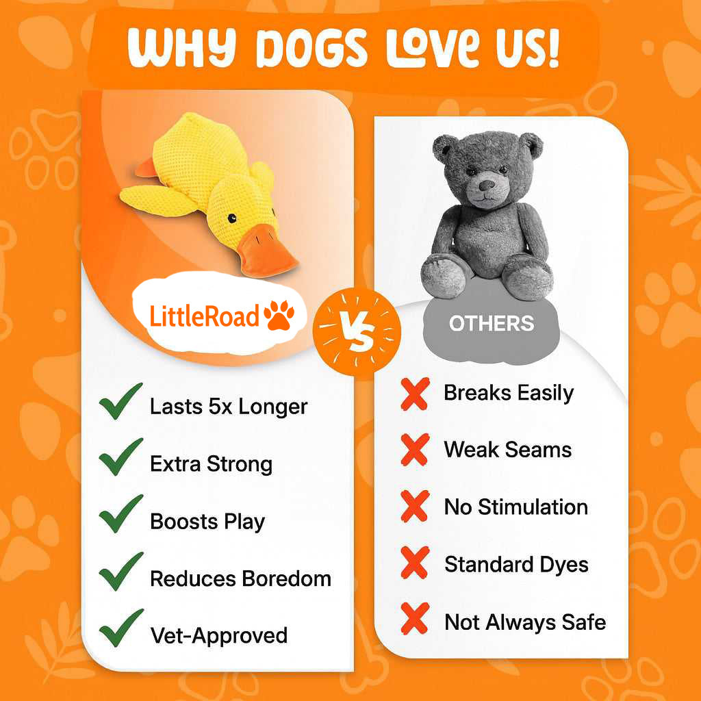 Collection of calming duck dog chew toys in various sizes for small to large breeds.