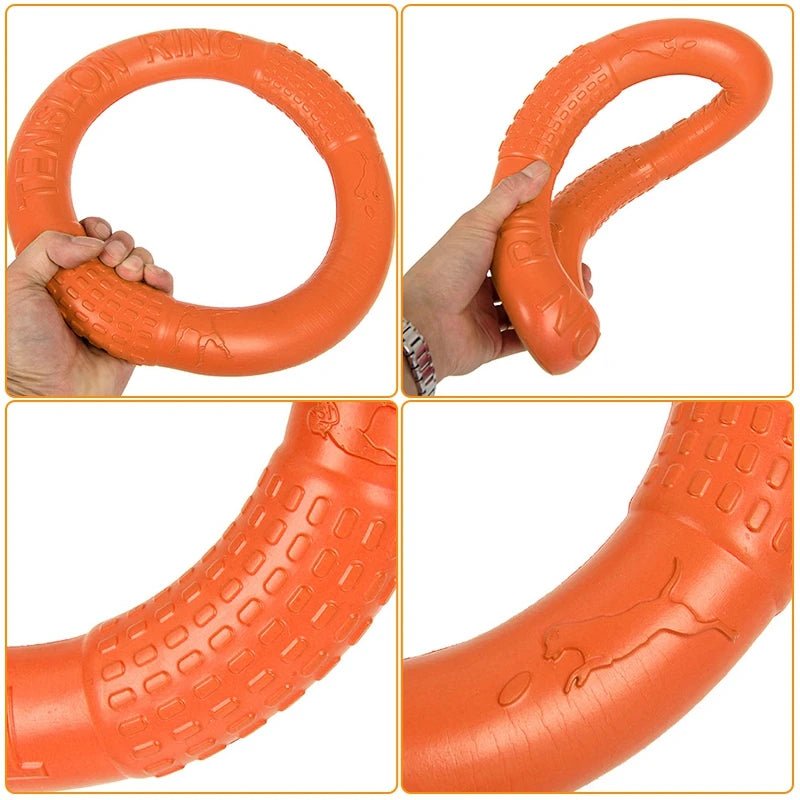 Close-up of a blue EVA dog chew ring toy, highlighting its textured surface for canine dental health.