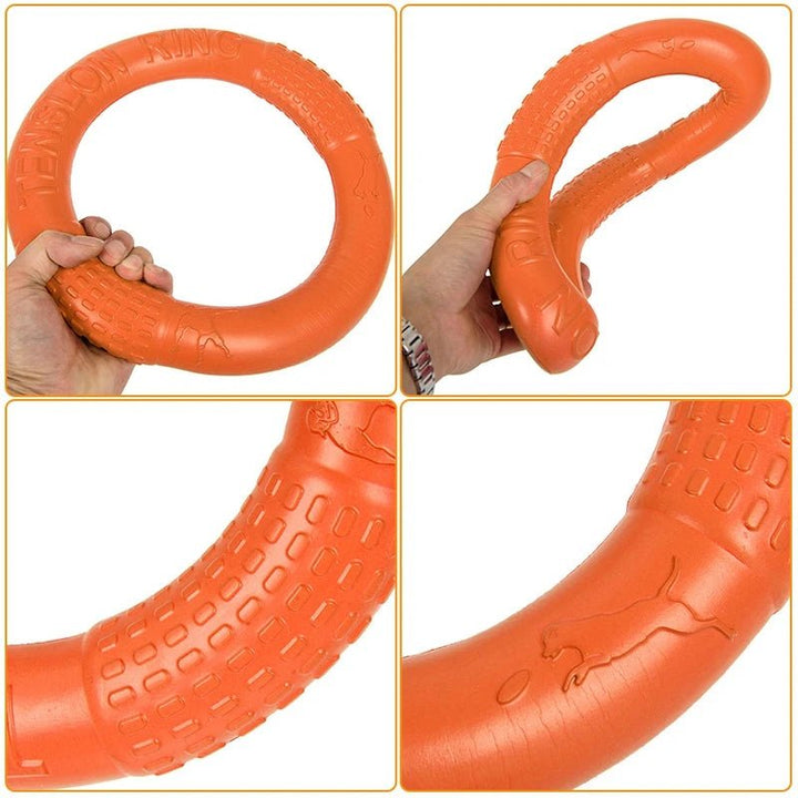 Close-up of a blue EVA dog chew ring toy, highlighting its textured surface for canine dental health.