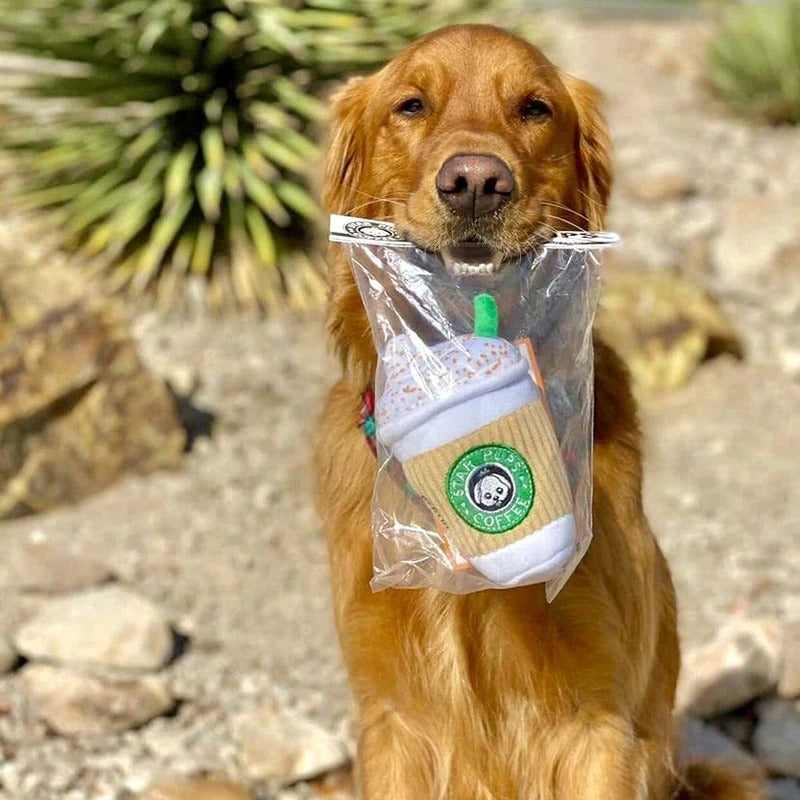 Durable fleece pet coffee cup chew toy for dogs and cats, promoting enrichment and playtime