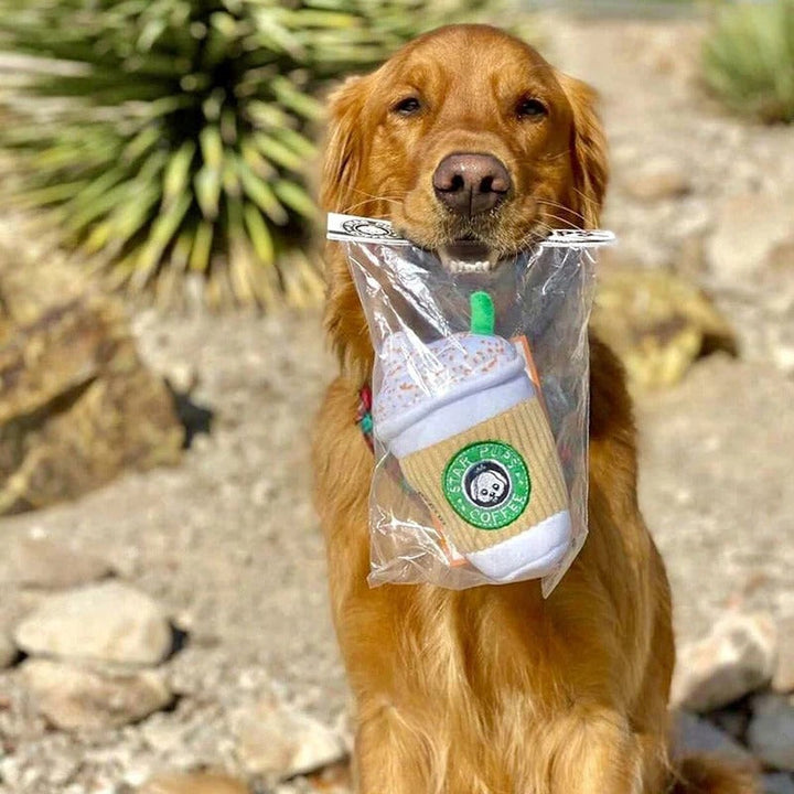 Durable fleece pet coffee cup chew toy for dogs and cats, promoting enrichment and playtime