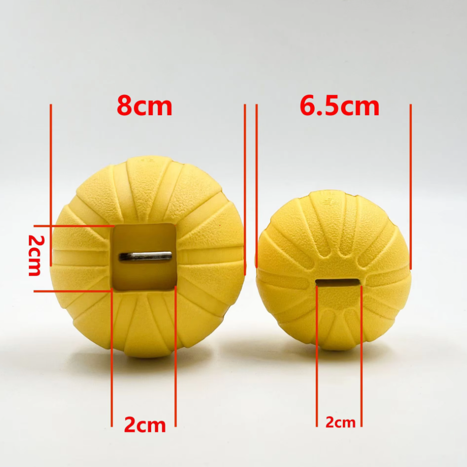 Two interactive dog chew toy tug balls in different colors for pet training