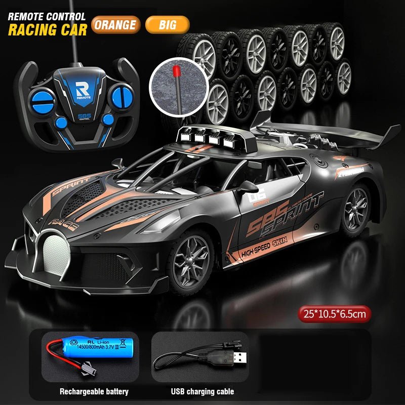 Children's 1:18 scale remote control drift car. Easy control, durable toy for indoor/outdoor stunts.