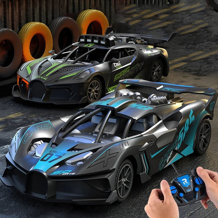 Children's durable 1:18 RC drift car. Rechargeable toy vehicle for fun outdoor stunts & racing.