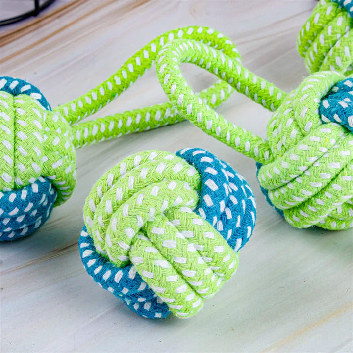 Collection of eco-friendly cotton knotted rope dog toys, promoting pet dental health and sustainable play