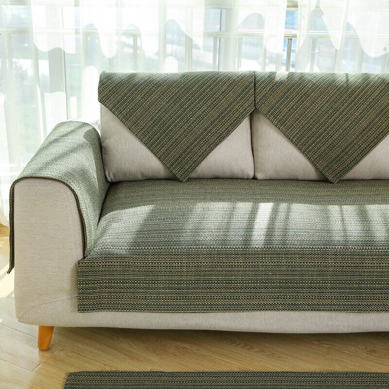 View of the reverse side of a durable, handwoven linen pet-friendly couch cover