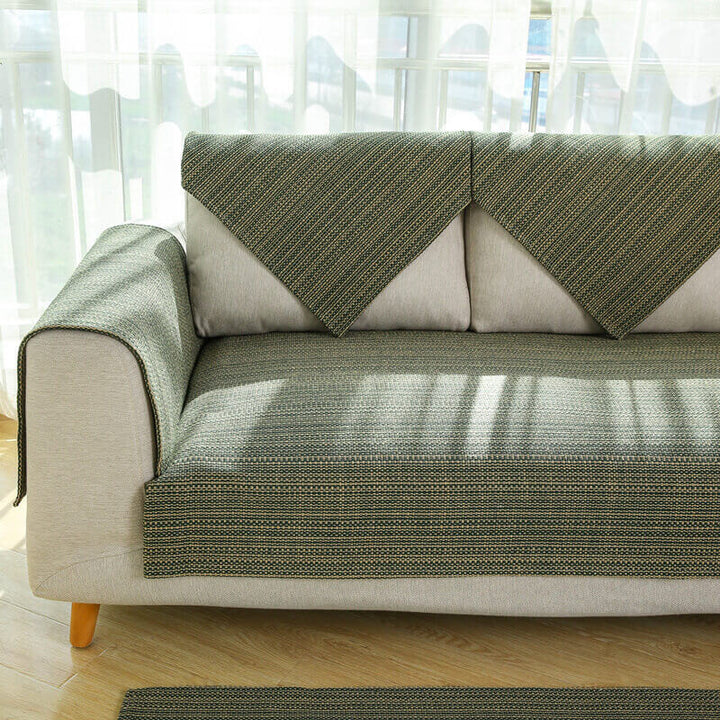View of the reverse side of a durable, handwoven linen pet-friendly couch cover