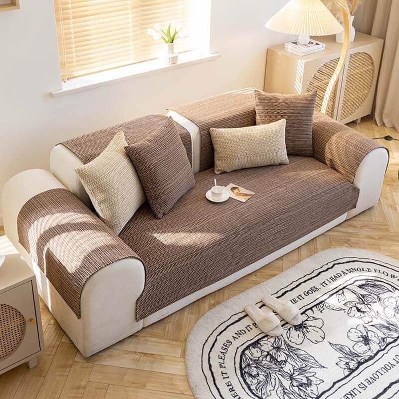 Packaged durable linen handwoven anti-scratch couch cover, ready for shipping