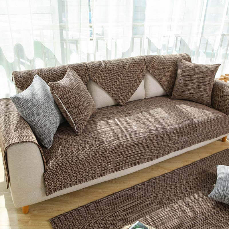 Full view of a living room with a durable linen handwoven anti-scratch couch cover