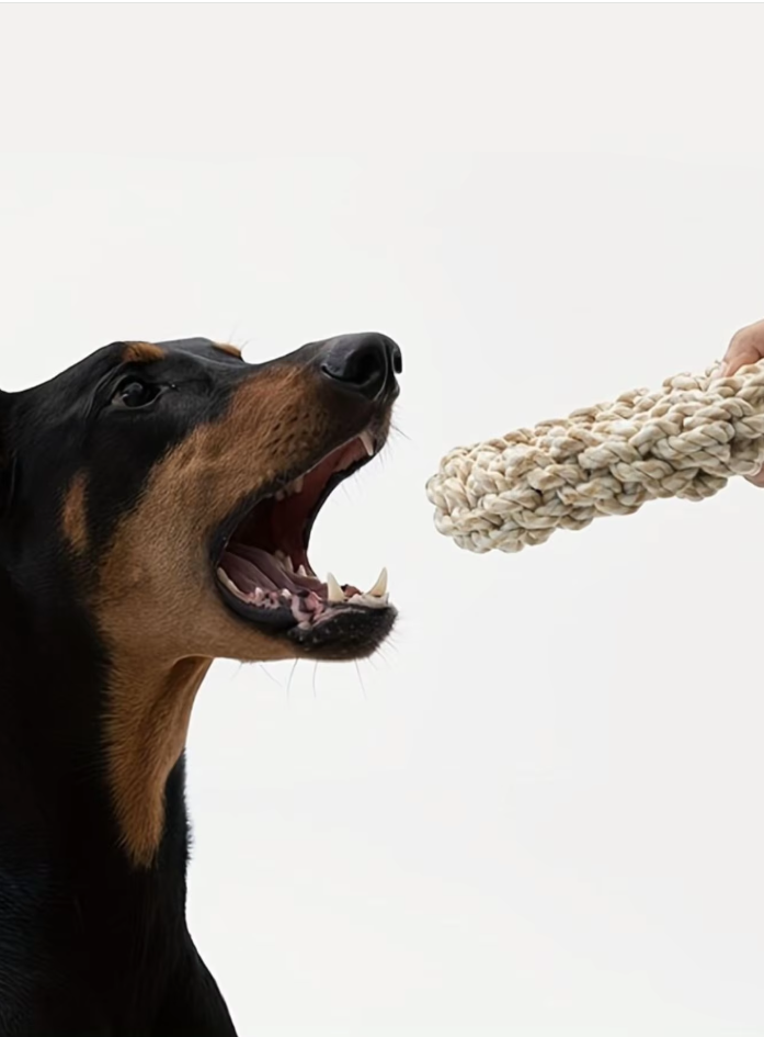 Dog rope chew ring, a pet supply for dental care, made from durable natural cotton.