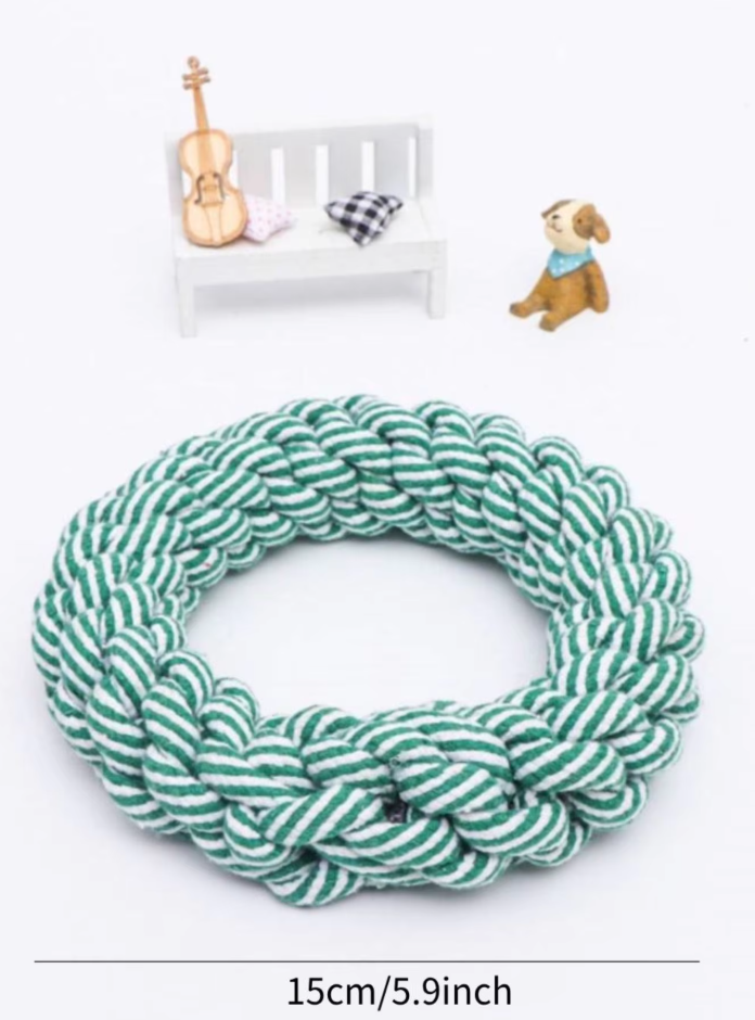 Close-up of a sturdy natural cotton dog rope chew ring for aggressive chewers and dental health.