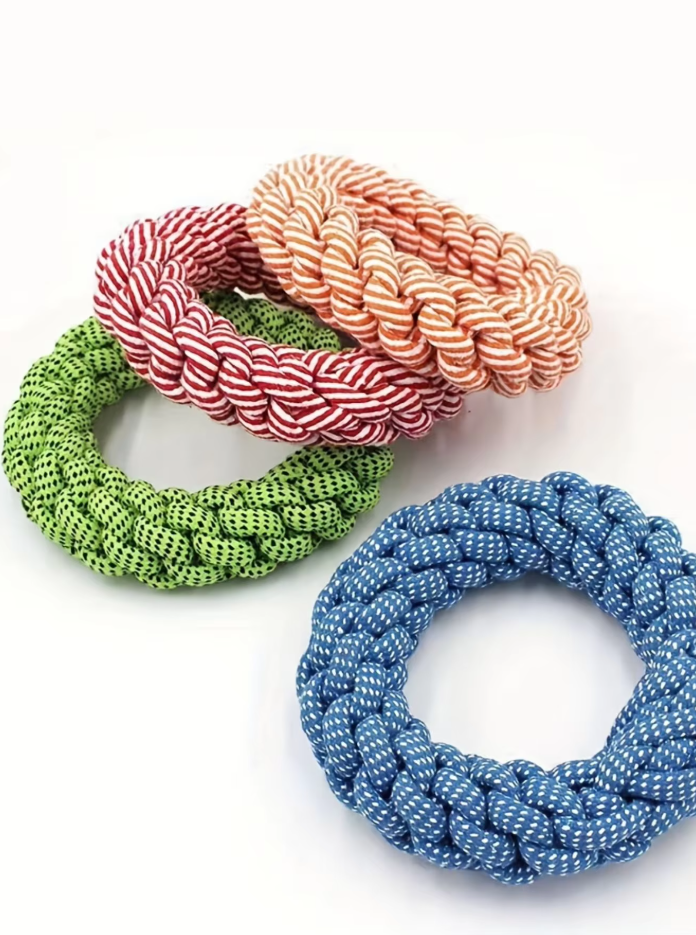 Dog toy: natural cotton rope chew ring for dental health, durable for tugging and play.
