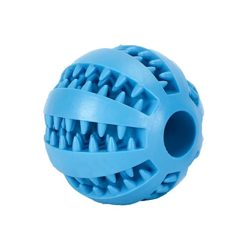 Pet playing with an interactive dog chew ball, great for dental health and mental stimulation