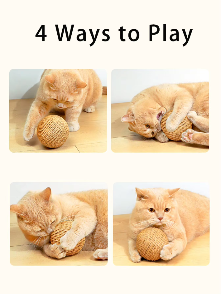Cat batting and playing with a natural sisal ball, a robust scratching toy and pet accessory.