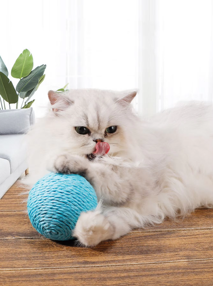 Natural sisal ball cat toy with a textured surface, designed for durable scratching and pet fun.