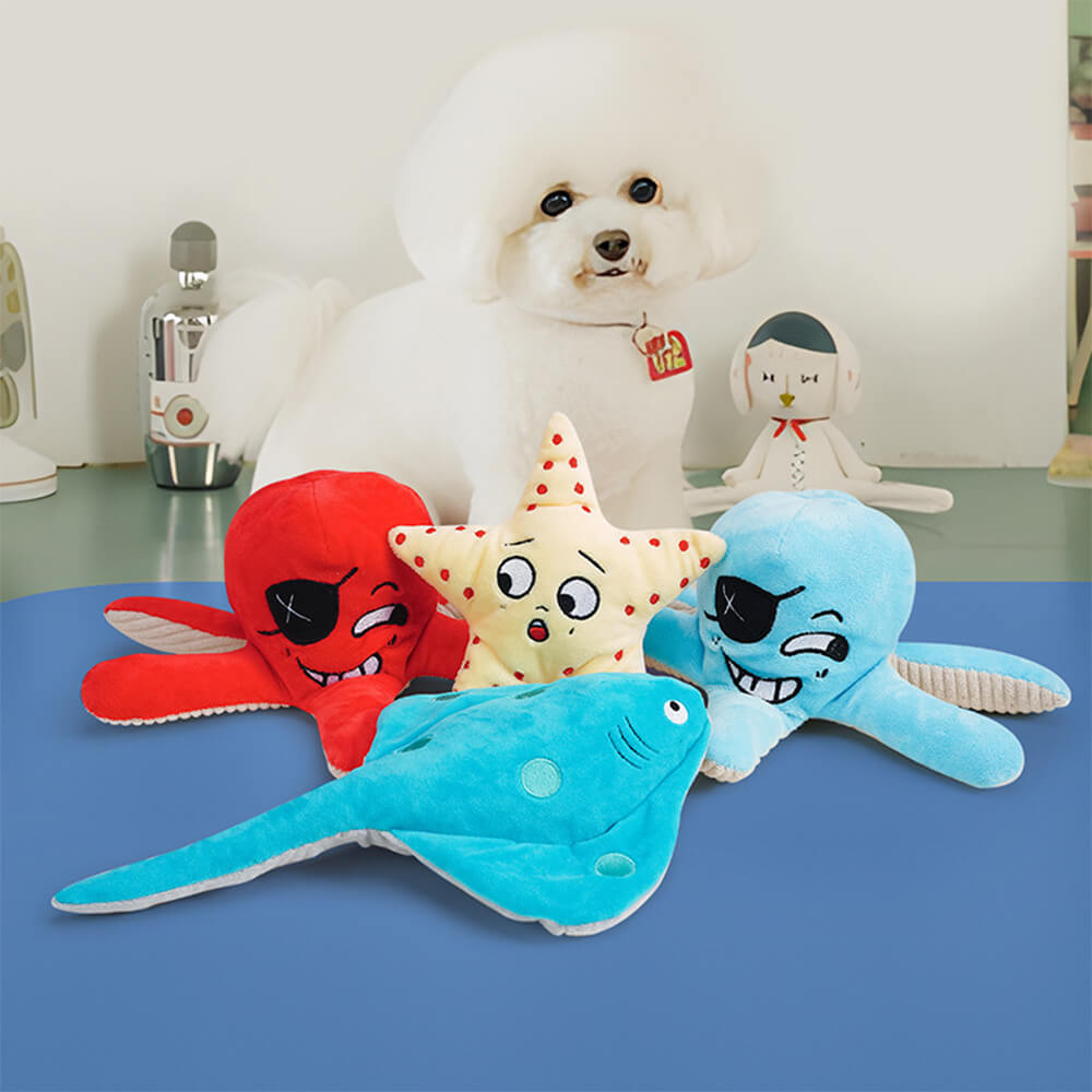 Durable ocean world squeaky pet chew toy for dogs, blue fish design, chew resistant and interactive