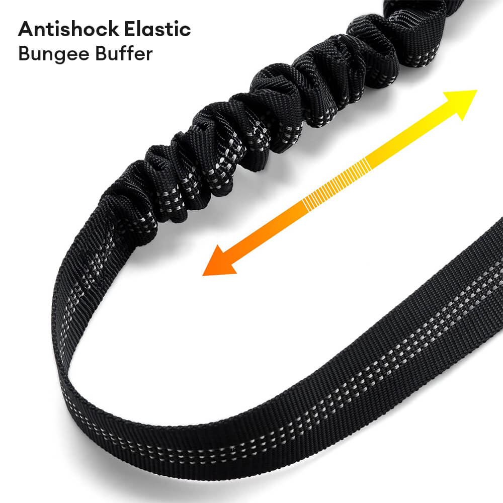 Pet safety car seatbelt with bungee buffer, headrest attachment for secure dog travel